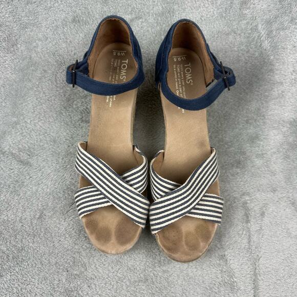 TOMS Women's Wedge Espadrille Sandals Navy White Stripe Ankle Strap Size 9.5 - Picture 2 of 7